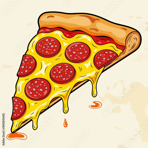 Pizza Slice Delight: A mouthwatering illustration of a classic pizza slice, generously topped with savory pepperoni and dripping with melted cheese.