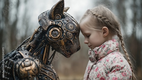Robot cat and girl connect in a moment at a forest clearing during a cloudy afternoon in early spring