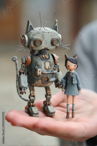 Robot cat and girl figure held in hand during an outdoor setting in a city