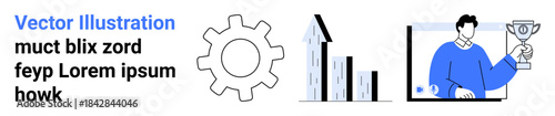 Business growth, success, teamwork, development, corporate strategy, goal achievement. Gear mechanism, bar graphs and a person holding a trophy. Business growth and success concept