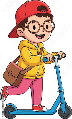 Happy boy with glasses riding a kick scooter, student commuting to school, children transportation safety, flat vector illustration.
