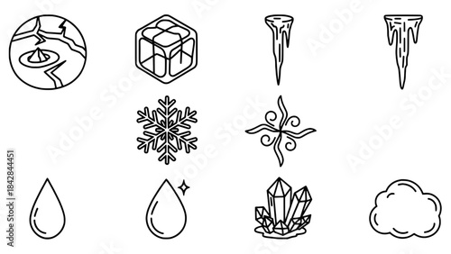 Winter Icons Collection Snowflakes, Ice, and Water Droplets