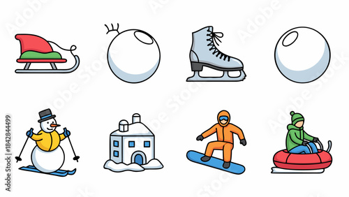 Winter season activities and symbols illustrated icons
