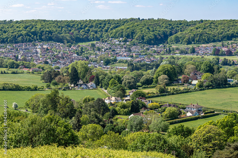 Fototapeta premium The town of Dursley viewed from Cam Peak (an outlier of the Cotswold scarp) near Dursley, Gloucestershire, England UK