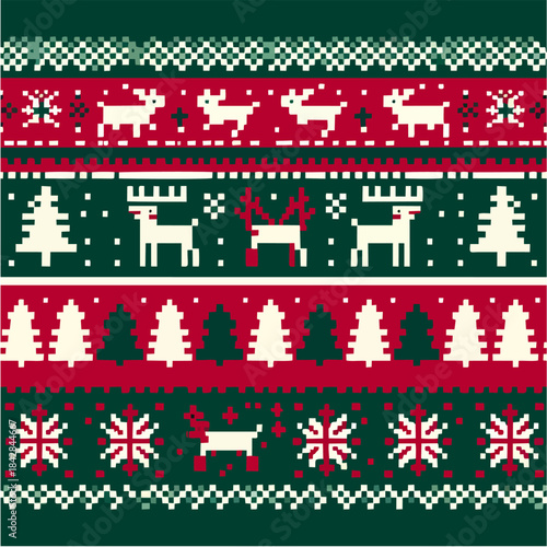 Seamless Ugly Christmas Sweater Pattern Vector. Knitted Pixel Art Holiday Background with Reindeer and Snowflakes. Red Green Fair Isle Texture
