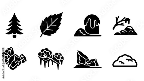 Nature Elements Icons Representing Trees, Leaves, and Geological Formations