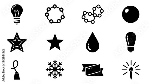 Collection of Simple Black and White Icons representing Ideas, Shapes, and Objects