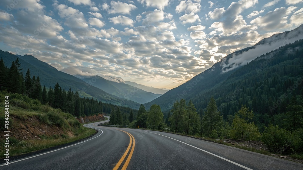 Naklejka premium Scenic mountain landscape with winding road, lush greenery, and partly cloudy sky.