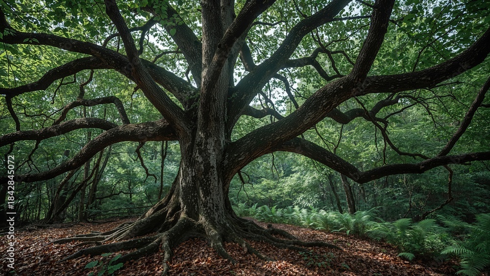 Fototapeta premium A large tree with sprawling branches in a lush forest.