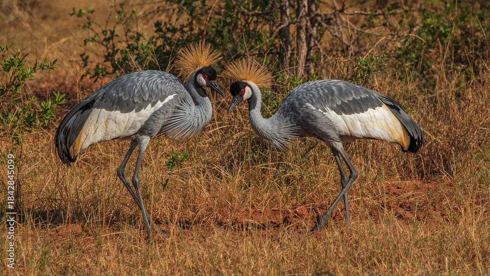 Fototapeta premium Two gray crowned cranes standing face to face in a natural habitat with dry grass and bushes.