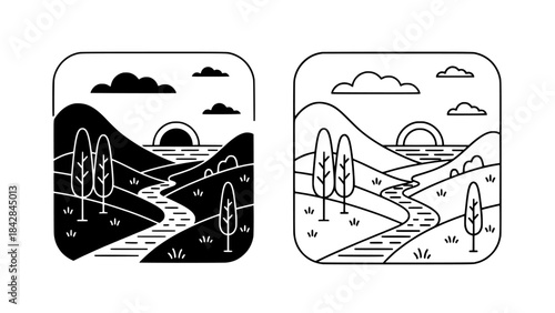 Scenic Landscape Illustrations with Rolling Hills and Winding River