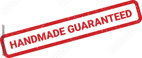 Authentic distressed rubber stamp showcasing HANDMADE GUARANTEED within a rectangular border, symbolizing product quality assurance