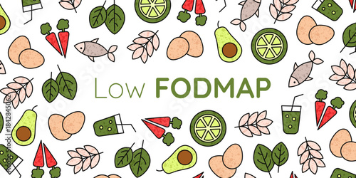 Low FODMAP diet background featuring illustrated food items suitable for a low FODMAP lifestyle, with the text “Low FODMAP” centered in the composition.