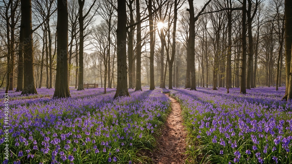 Fototapeta premium A trail through a forest with purple flowers in bloom and sunlight shining through the trees. Nature scene, outdoor landscape, springtime, tranquility, floral beauty.