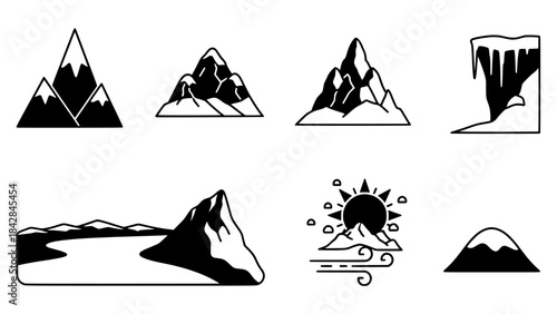 Vector Icons of Mountain Ranges and Snowy Peaks for Outdoor Adventures