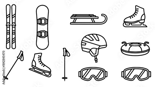 Winter Sports Equipment Icons Set on White Background