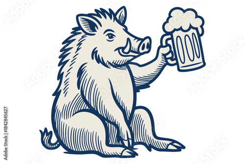 A wild boar mascot holding a mug of beer in a vintage style illustration