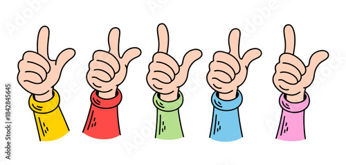 A row of five cartoon hands making a number one or loser gesture with colorful sleeves