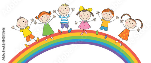 Joyful group of diverse cartoon children standing and playing together on a colorful rainbow