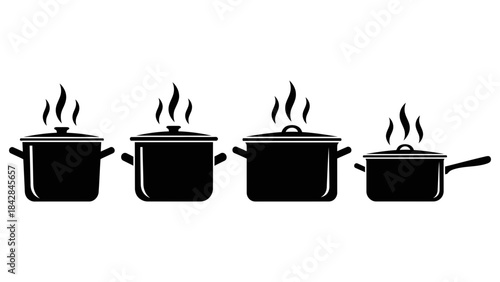 Black silhouette set of cooking pots and pans with steam rising from the lids