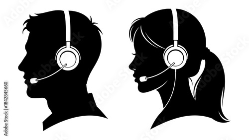 Silhouettes of a man and a woman wearing headsets for customer service or communication