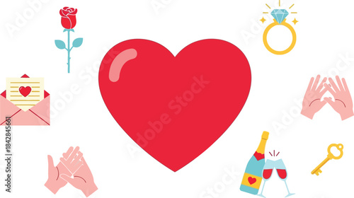 Love symbols heart shaped collage romantic icons engagement ring rose flowers couple hands valentines day romance celebration isolated on white background