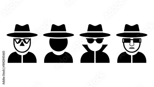 A collection of four black-and-white icons representing spies, detectives, or mysterious figures