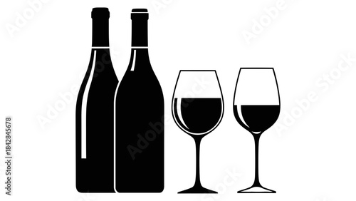 A black silhouette graphic featuring two wine bottles and two wine glasses