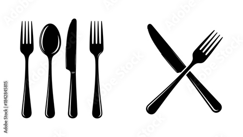 Black silhouette vector illustration of cutlery set and crossed dining utensils