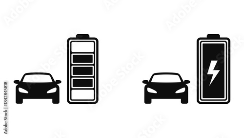 Electric vehicle charging and battery status concept showing full charge and charging icons.