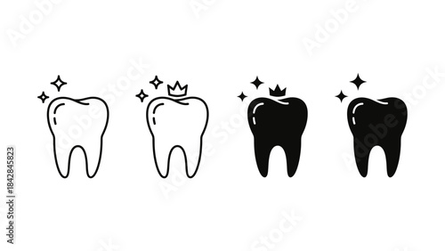 Clean and healthy tooth icons with sparkles and crowns in different styles representing dental care