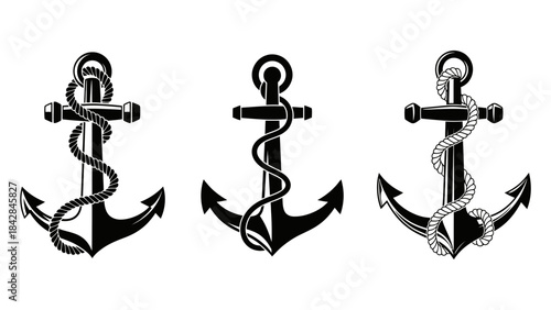Three vintage ship anchors with ropes, a nautical illustration set for design