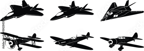 Military aircraft, jet fighter, propeller plane, black silhouette, aviation icon, vintage aircraft, warplane design, vector graphic, illustration