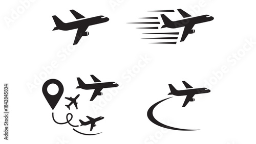 Set of minimalist airplane travel icons representing flight, speed, and navigation