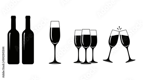 Black silhouettes of wine bottles and champagne glasses for celebration and party.