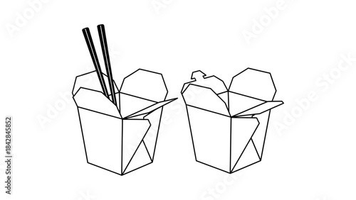 A pair of outlined chinese takeout boxes, one containing chopsticks