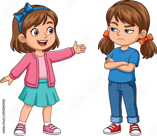 Angry cartoon girls arguing, sibling rivalry conflict, two young friends having a dispute, flat vector illustration.