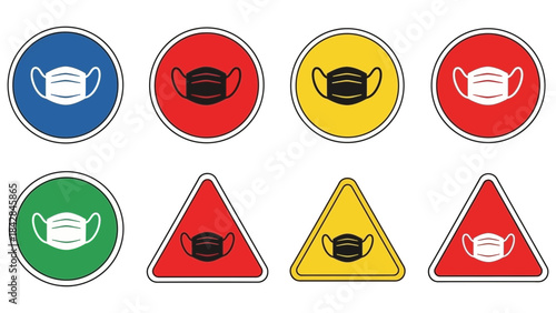 Mandatory and warning signs for face mask usage in various safety contexts