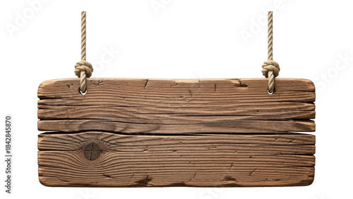 Blank weathered wooden sign with texture hanging from ropes