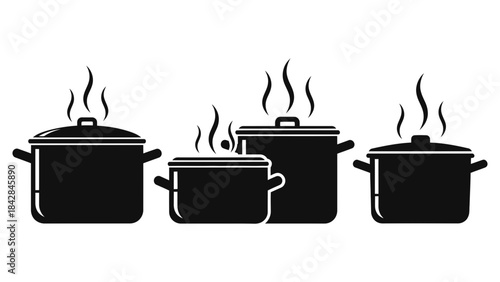 Set of silhouettes depicting different sizes of cooking pots with steam rising, a vector illustration for kitchen themes