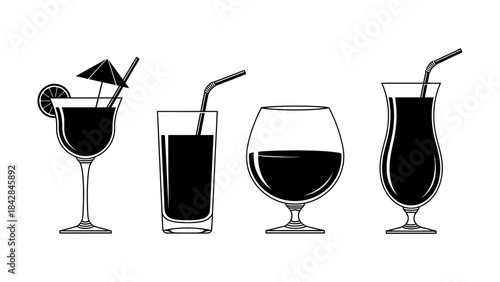 A collection of various drink and cocktail glasses in a minimalist black and white style