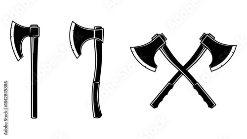 Three black silhouettes of axes in different arrangements