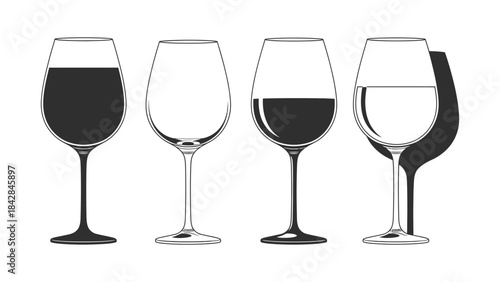 A minimalist illustration showing four wine glasses with various fill levels and wine types