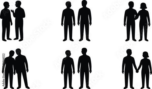 Human interaction, relationship silhouettes, black vector, social connection, family pose, gesture icon, people posture, community symbol, illustration, gridHuman interaction, relationship silhouettes