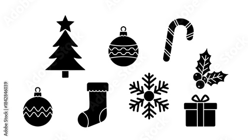 Collection of Christmas Icons with Tree, Ornament, Stocking, and Snowflake