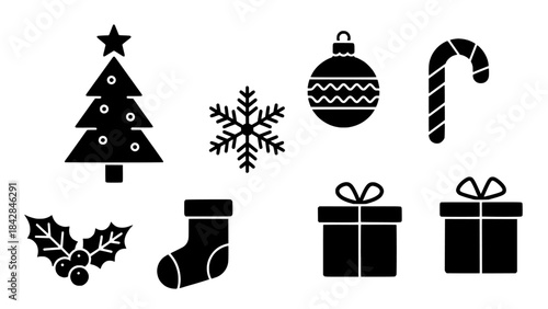 Assortment of Classic Christmas Holiday Celebration Elements and Decorative Graphic Icon Silhouettes