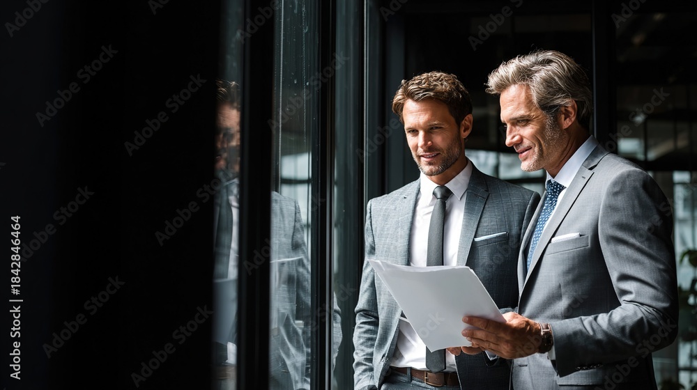Fototapeta premium Business Professionals Reviewing Document: Two smartly dressed men engage in a focused discussion, carefully reviewing a document in a modern office environment.