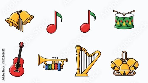 Charming Vector Set of Christmas-Themed Musical Instruments and Notes, Perfect for Holiday Graphics and Celebrations