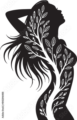 Silhouette of a beautiful woman whose body and flowing hair transform into a vibrant tree symbolizing nature growth and feminine energy