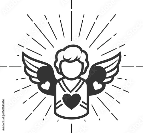 Cherub angel with wings and halo radiating light symbolizing hope love and divinity isolated on white background